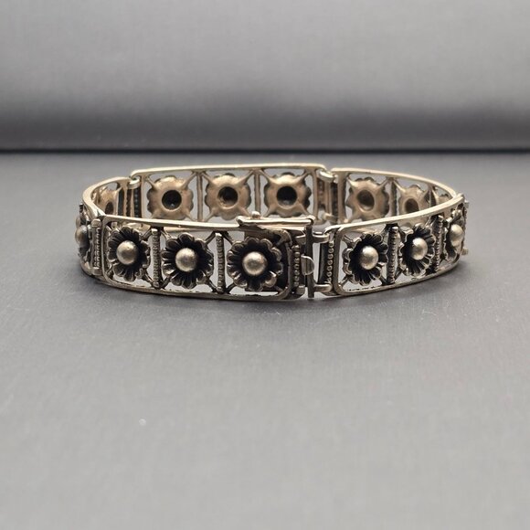 VTG Sterling Silver 925 Flower Link Bracelet Box Clasp 7in 16.76g Hand Assembled - Picture 3 of 11